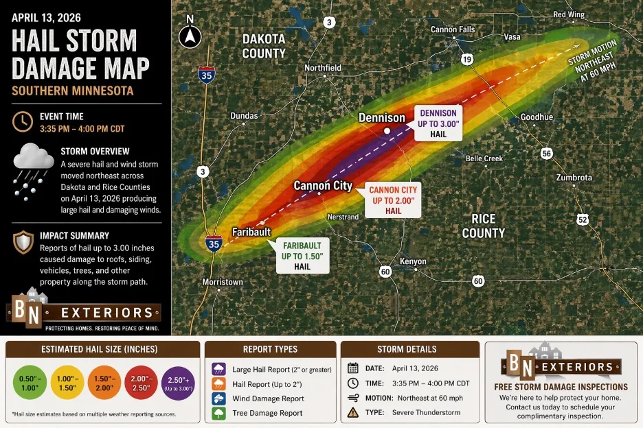 Hail storm damage map for the April 13 2026 storm near Faribault MN